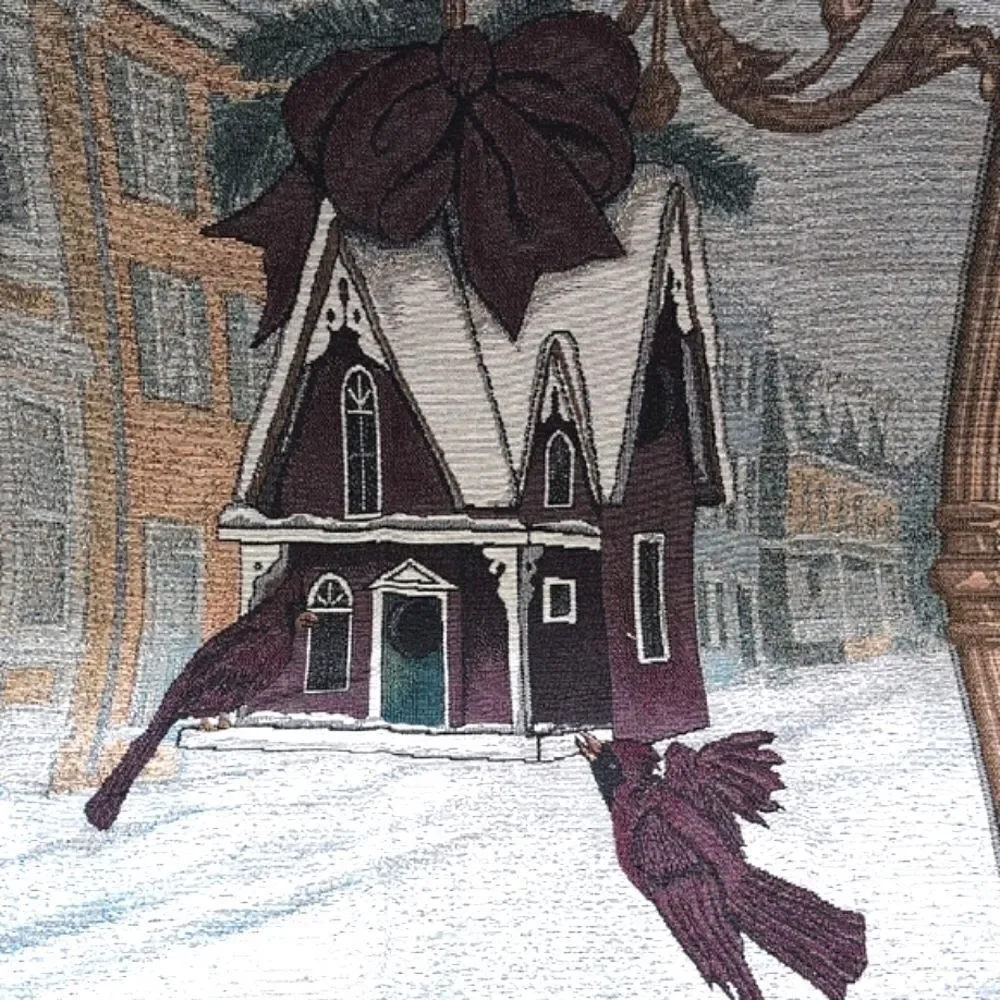 Vintage Christmas Cardinal Winter Village Scene Woven Tapestry Throw Blanket